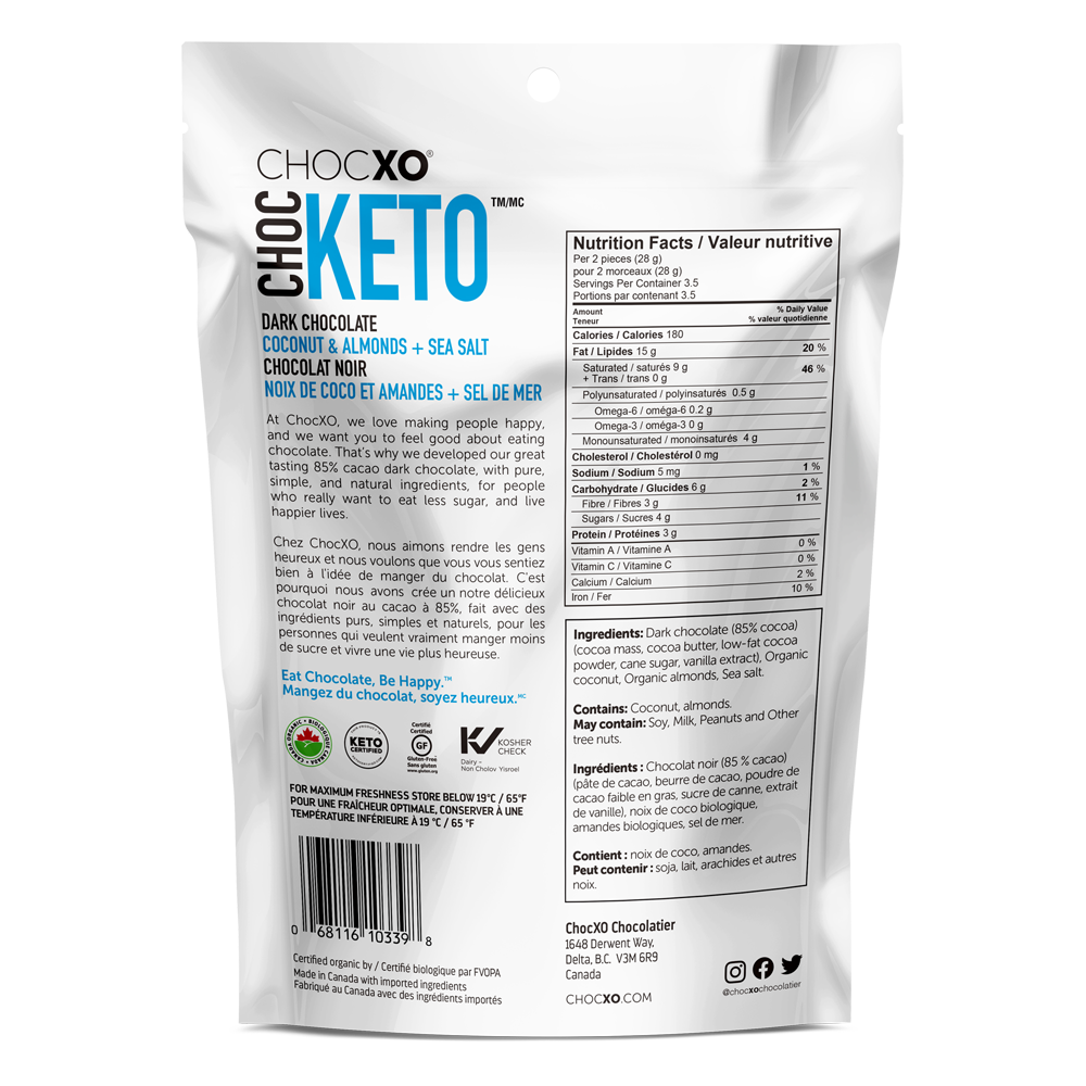 ChocKETO Snaps - 85% Dark Chocolate Coconut &amp; Almonds + Sea Salt - 98 g